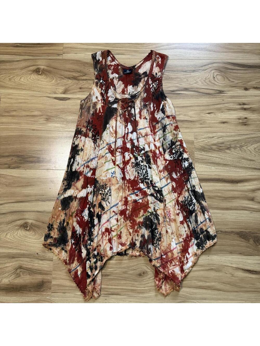 Advance Rust Tie Dye Handkerchief Hem Lace Up Dress Boho